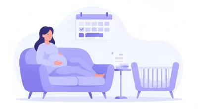 Mujer embarazada descansando en un sillón, con un calendario con días marcados y una cuna al lado