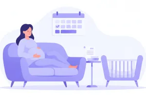 Mujer embarazada descansando en un sillón, con un calendario con días marcados y una cuna al lado