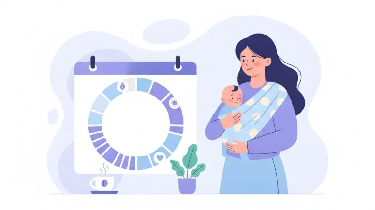 Ilustración de una madre con su bebé y un calendario de semanas