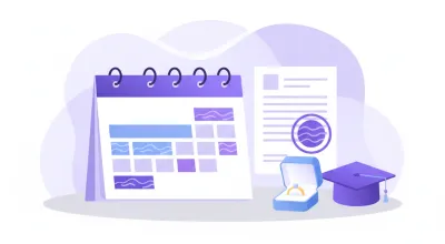 Calendario con bloques de colores, un documento sellado, una caja con anillo y un birrete de graduación sobre un escritorio