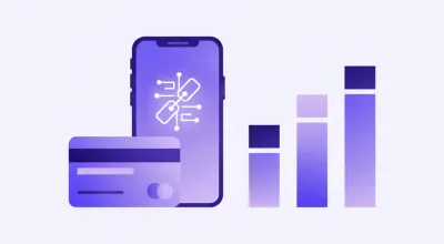 Celular con un link de pago, una tarjeta y tres columnas comparativas de barras