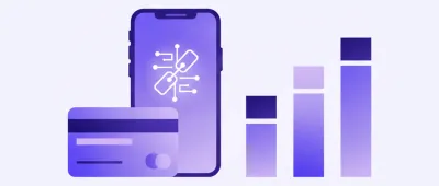 Celular con un link de pago, una tarjeta y tres columnas comparativas de barras