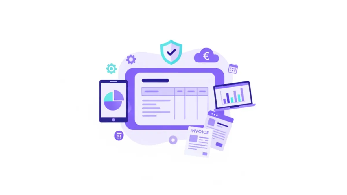 Ilustración flat vector de liquidación final laboral con recibo, calendario y monedas en paleta violeta y azul