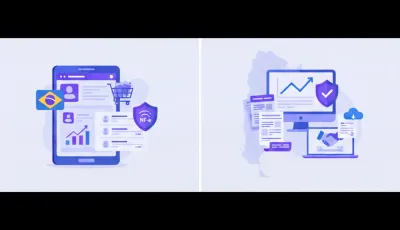 Comparativo visual entre loja virtual própria e marketplace Mercado Livre no Brasil com ícones de fiscal, logística e marca