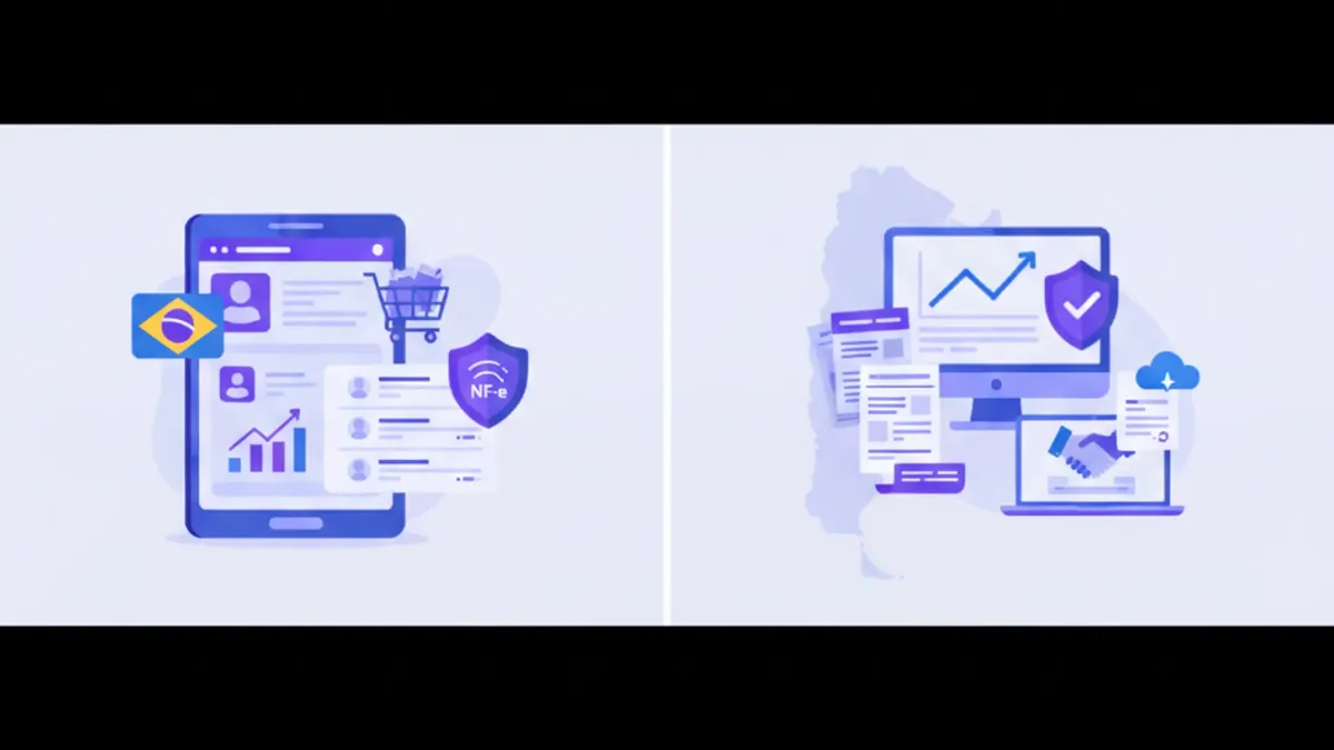 Comparativo visual entre loja virtual própria e marketplace Mercado Livre no Brasil com ícones de fiscal, logística e marca