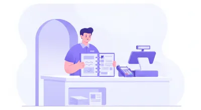 Cajera siguiendo un procedimiento escrito junto a la caja registradora de un comercio