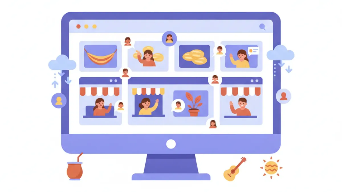 Ilustración de un gran mercado digital con varias tiendas en una pantalla