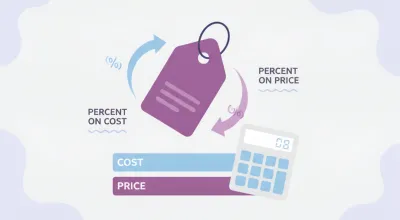 Etiqueta de precio con dos flechas que comparan el porcentaje sobre el costo y sobre el precio, junto a una calculadora