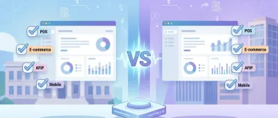 Ilustración comparativa de dos sistemas de gestión enfrentados con un VS en el medio: paneles con reportes y tildes de POS, e-commerce, AFIP y mobile