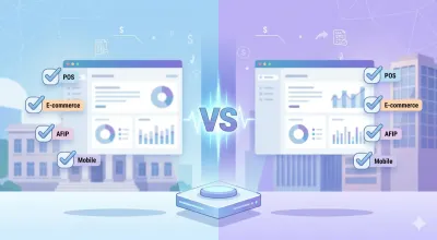 Ilustración comparativa de dos sistemas de gestión enfrentados con un VS en el medio: paneles con reportes y tildes de POS, e-commerce, AFIP y mobile