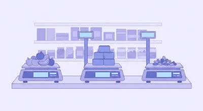 Ilustración de un mostrador de comercio con varias balanzas comerciales digitales pesando productos
