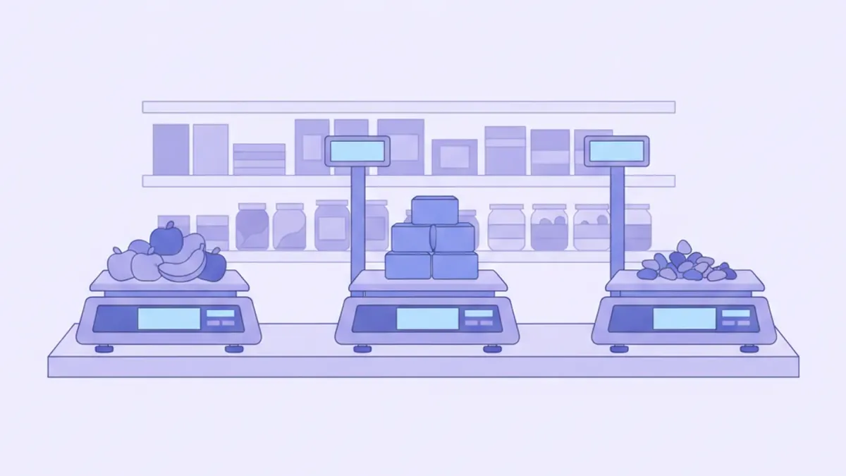 Ilustración de un mostrador de comercio con varias balanzas comerciales digitales pesando productos