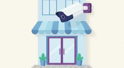 Ilustración de una cámara de seguridad exterior Wi-Fi montada bajo el alero de un local, enfocando la vereda y la puerta de entrada