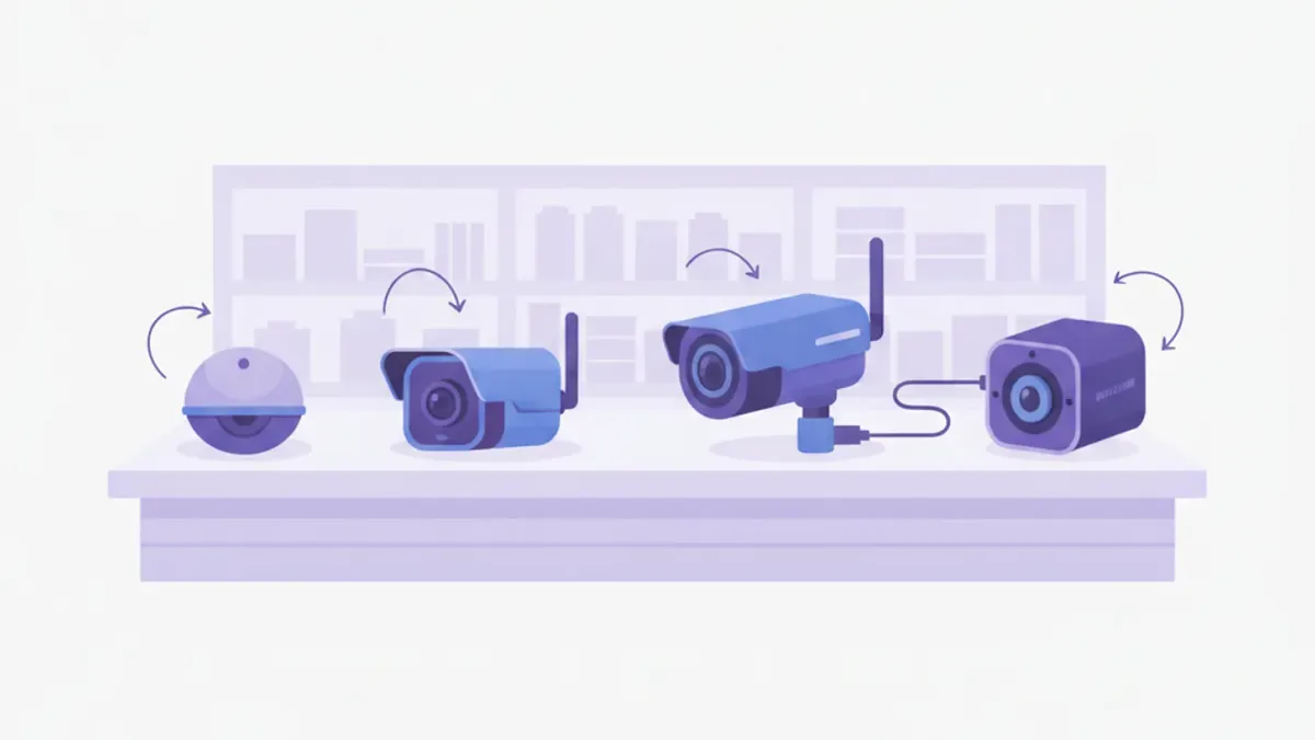 Ilustración de un mostrador de comercio con cuatro cámaras de seguridad distintas señaladas por caso: interior, exterior Wi-Fi, exterior PoE y depósito