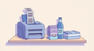 Ilustración de una impresora de etiquetas de escritorio imprimiendo etiquetas con código de barras junto a productos de un comercio