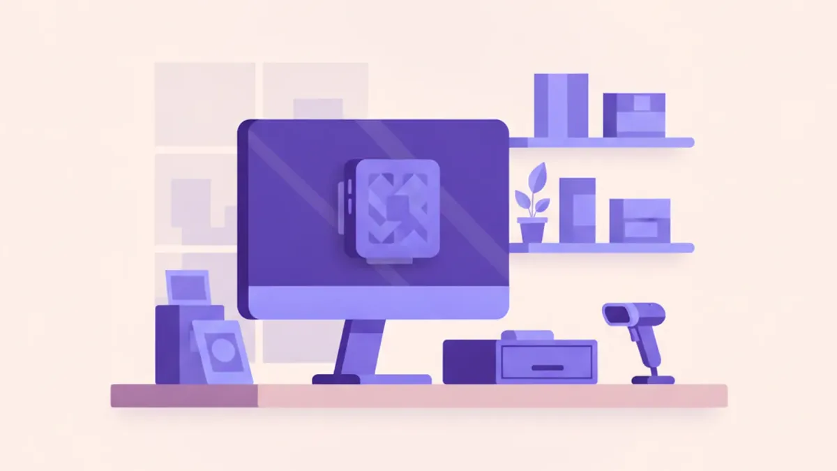 Ilustración de una mini PC compacta montada detrás de un monitor de punto de venta en un mostrador
