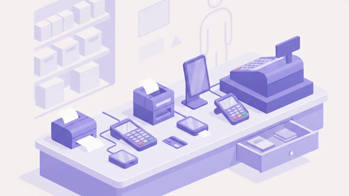 Ilustración de un mostrador de comercio con varias terminales de pago distintas junto a la caja registradora