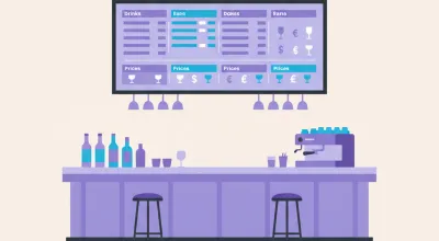 Ilustración de una pantalla colgada sobre la barra de un bar mostrando el menú digital con tragos y precios organizados por categoría