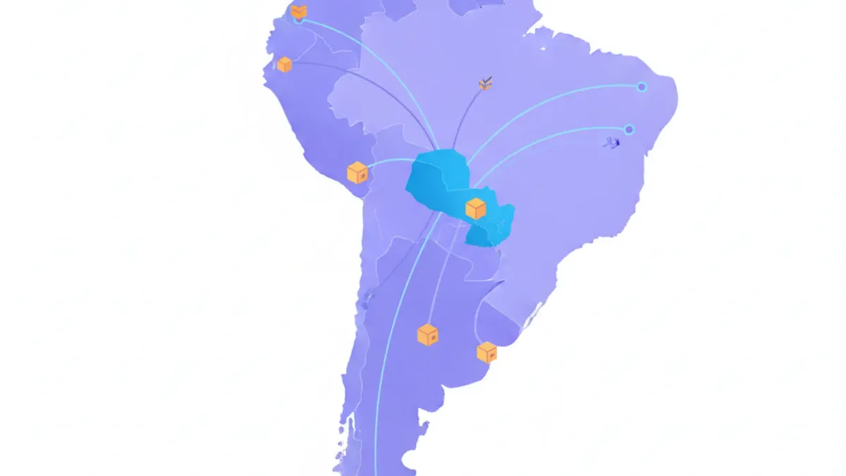 Ilustración de un mapa de Sudamérica con países conectados por rutas comerciales