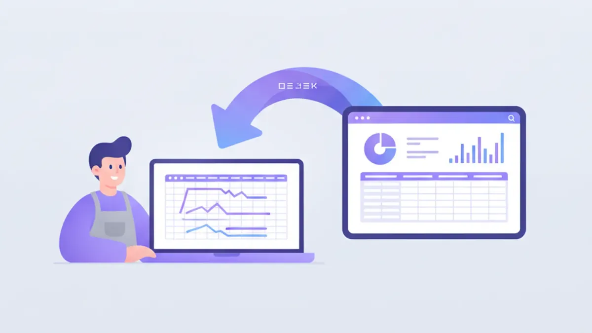 Dueño de un comercio pasando datos de una planilla de Excel desordenada a un sistema de gestión con tablero ordenado
