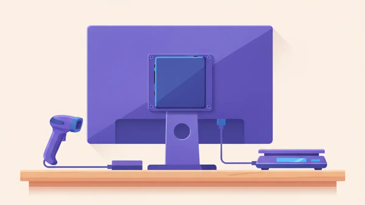 Ilustración de una mini PC atornillada detrás de un monitor en el mostrador de un comercio, con un lector de código de barras y una balanza conectados por USB