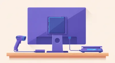 Ilustración de una mini PC atornillada detrás de un monitor en el mostrador de un comercio, con un lector de código de barras y una balanza conectados por USB