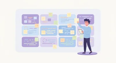 Emprendedor pegando notas adhesivas sobre un tablero de nueve bloques que representa el lienzo del modelo de negocio