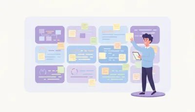 Emprendedor pegando notas adhesivas sobre un tablero de nueve bloques que representa el lienzo del modelo de negocio