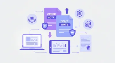 Ilustración vectorial de notas de crédito y débito en tonos violeta y azul