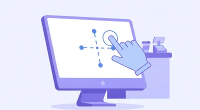 Ilustración de una mano tocando la esquina de un monitor táctil en Windows mientras aparece una cruz de calibración en la pantalla
