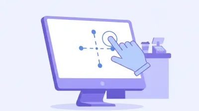 Ilustración de una mano tocando la esquina de un monitor táctil en Windows mientras aparece una cruz de calibración en la pantalla