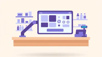 Ilustración de un monitor táctil montado sobre un brazo articulado en el mostrador de un comercio, mostrando la pantalla del punto de venta