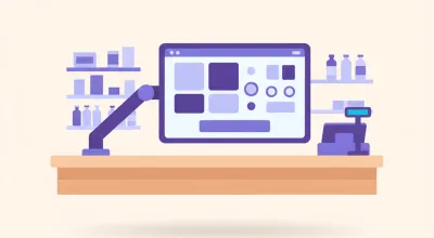 Ilustración de un monitor táctil montado sobre un brazo articulado en el mostrador de un comercio, mostrando la pantalla del punto de venta