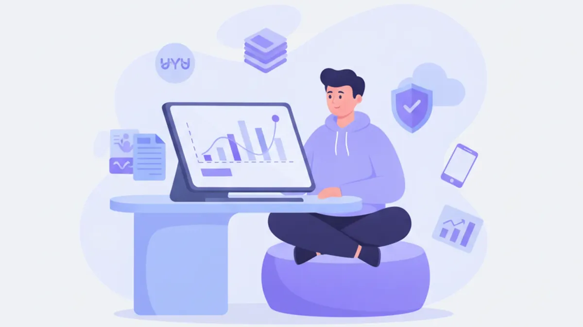 Ilustración flat vector de un emprendedor uruguayo registrando su monotributo ante BPS con íconos de facturación electrónica y pesos uruguayos