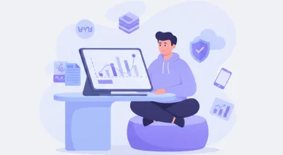 Ilustración flat vector de un emprendedor uruguayo registrando su monotributo ante BPS con íconos de facturación electrónica y pesos uruguayos