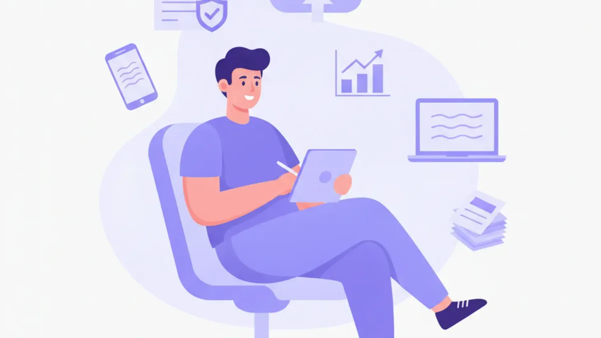 Ilustración vectorial de persona trabajadora independiente con formulario de inscripción digital, íconos de obra social y factura electrónica en tonos violeta y azul