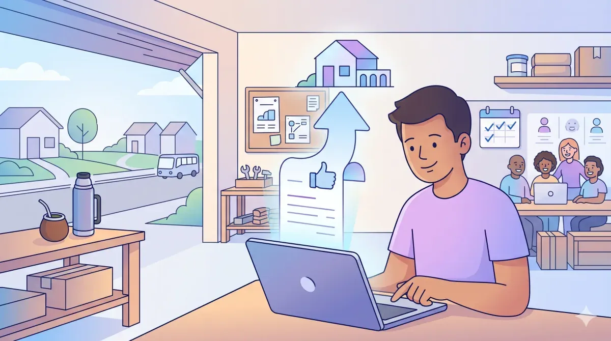 Emprendedora de barrio popular emitiendo su primera factura desde una notebook bajo el régimen del monotributo social