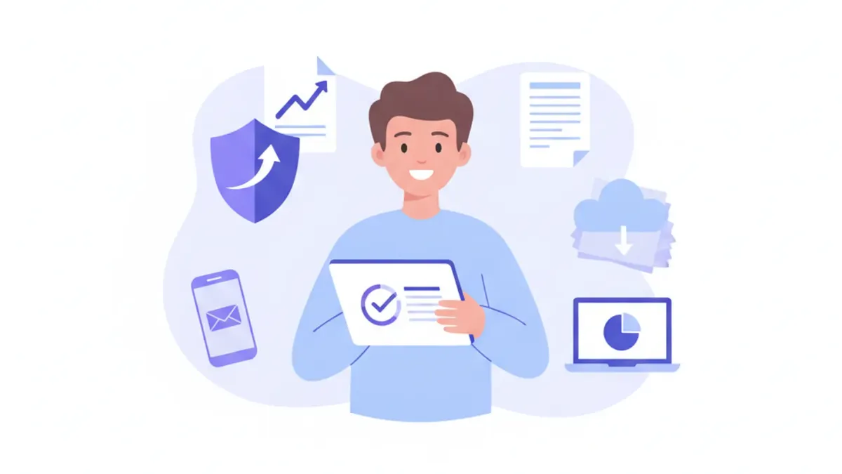 Ilustración vectorial de una persona emprendedora uruguaya con documentos de registro formal, íconos de BPS, MIDES y DGI, en tonos violeta y azul
