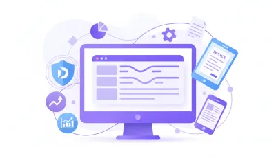 Ilustración vectorial de pantalla de computadora mostrando la generación de nómina electrónica con íconos de DIAN y datos financieros