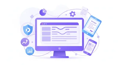 Ilustración vectorial de pantalla de computadora mostrando la generación de nómina electrónica con íconos de DIAN y datos financieros
