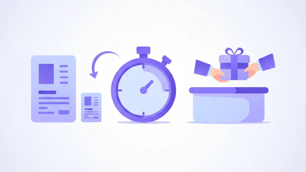 Ilustración de una factura digital con un reloj al lado y una flecha de devolución que genera un segundo documento