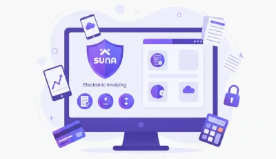 Ilustración vectorial de notas de crédito y débito electrónicas con íconos de SUNAT y computadoras