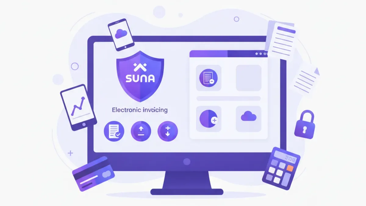 Ilustración vectorial de notas de crédito y débito electrónicas con íconos de SUNAT y computadoras
