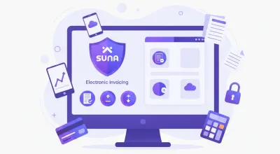 Ilustración vectorial de notas de crédito y débito electrónicas con íconos de SUNAT y computadoras