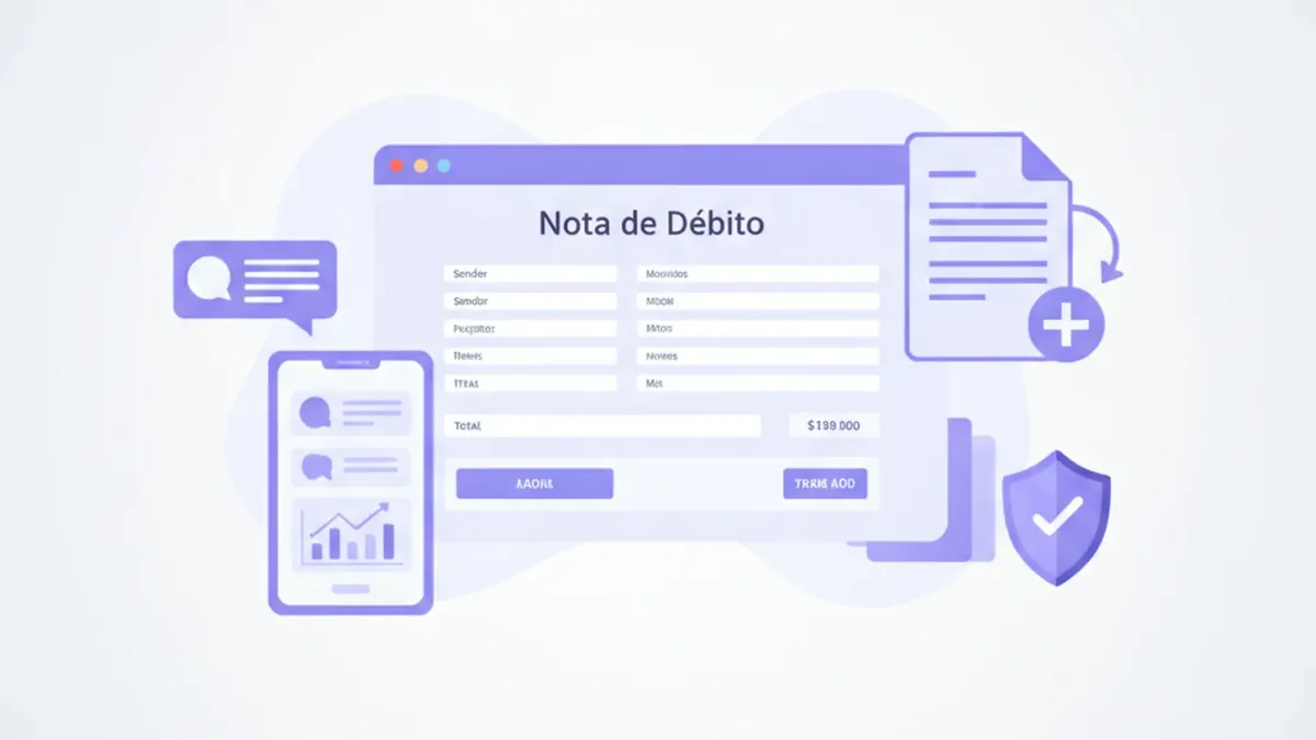 Ilustración flat de una nota de débito electrónica con ícono de comprobante fiscal y flechas de ajuste de monto, en tonos violeta y azul, estilo SaaS moderno
