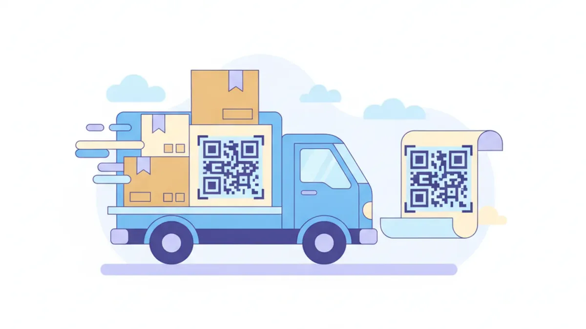 Ilustración de un camión con cajas y un documento con código QR