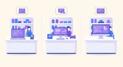 Ilustración comparando tres mostradores de comercio: uno con notebook, uno con mini PC y monitor aparte, y uno con una all-in-one todo en un panel