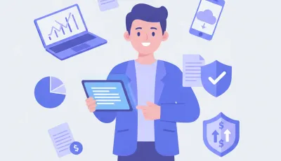 Ilustración del nuevo RUS régimen único simplificado con íconos de impuestos y facturación electrónica