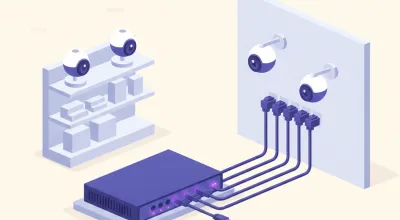 Ilustración de un NVR Dahua con puertos PoE en la parte trasera conectado directo a varias cámaras de red mediante cables de red