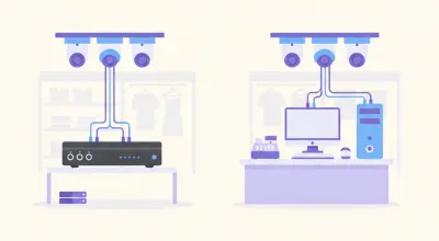 Ilustración comparando un equipo NVR dedicado en un estante junto a una PC de mostrador, ambos conectados a las mismas cámaras del local
